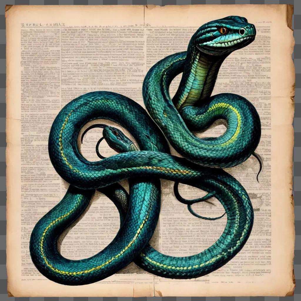 snake drawing with colour A snake with green and yellow coloring on an old book