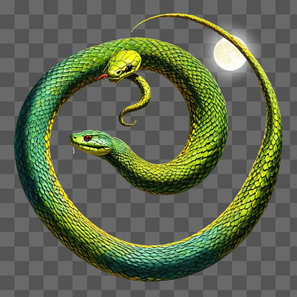 snake drawing with colour Green snake coiling around another snake in a circle