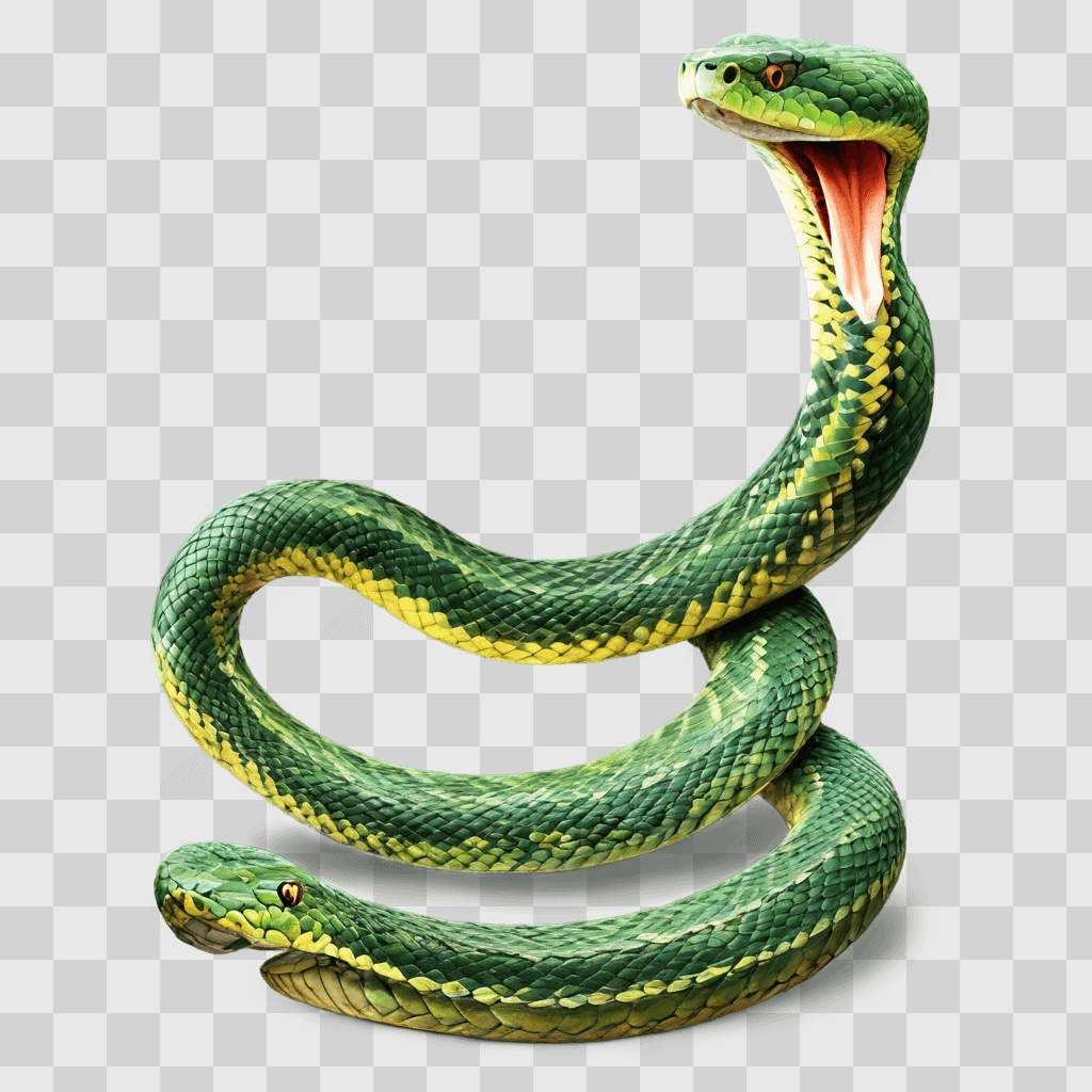 snake drawing with colour Green snake with open mouth on green background