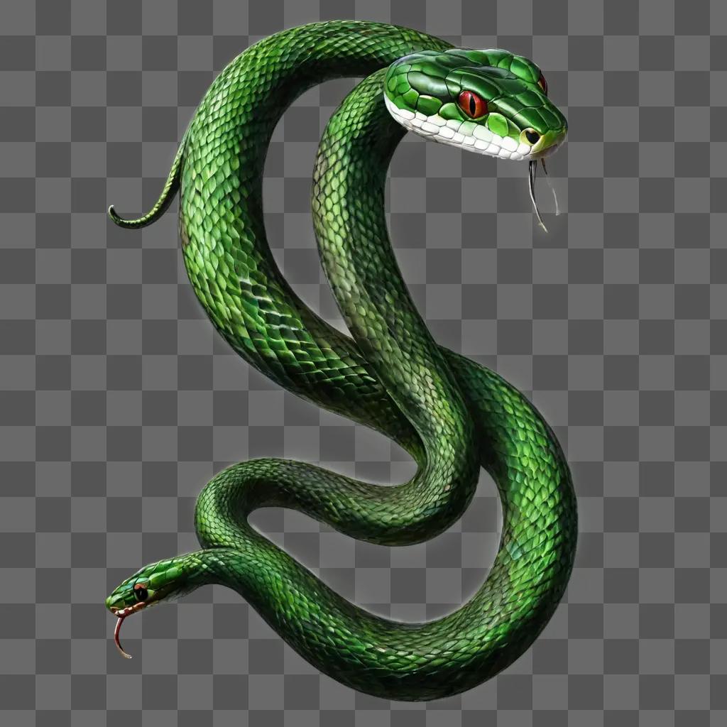 snake drawing with colour Green snake with red eyes on green background