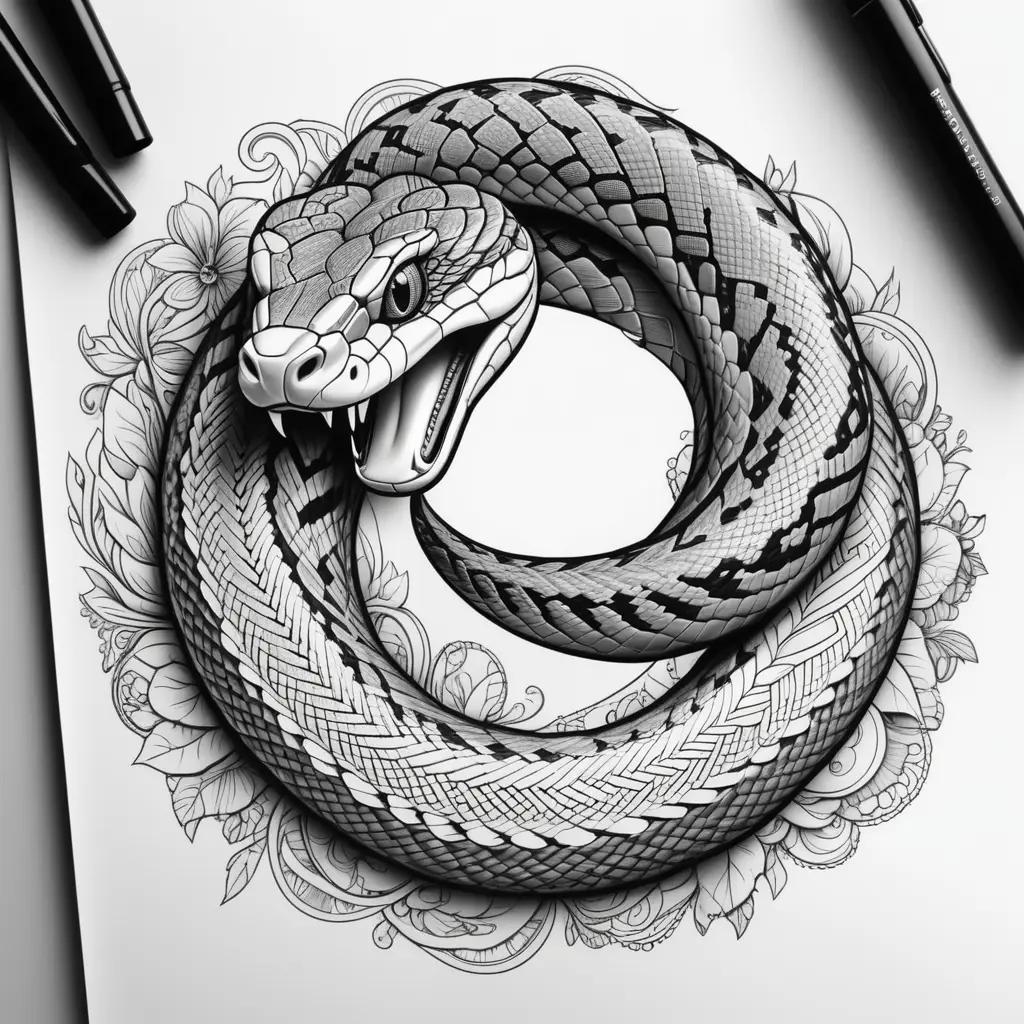 snake is drawn in black and white on a page