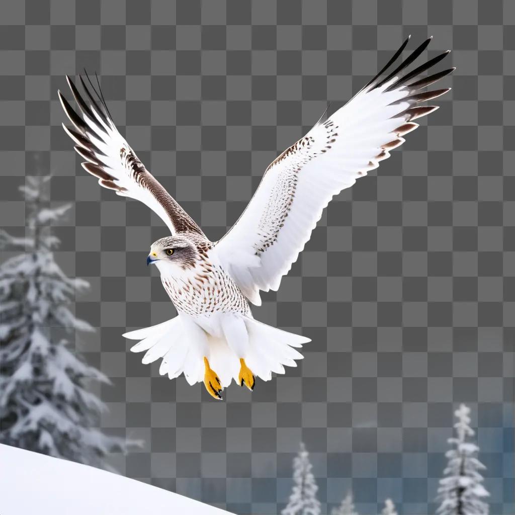 snow falcon flies over a snowy landscape