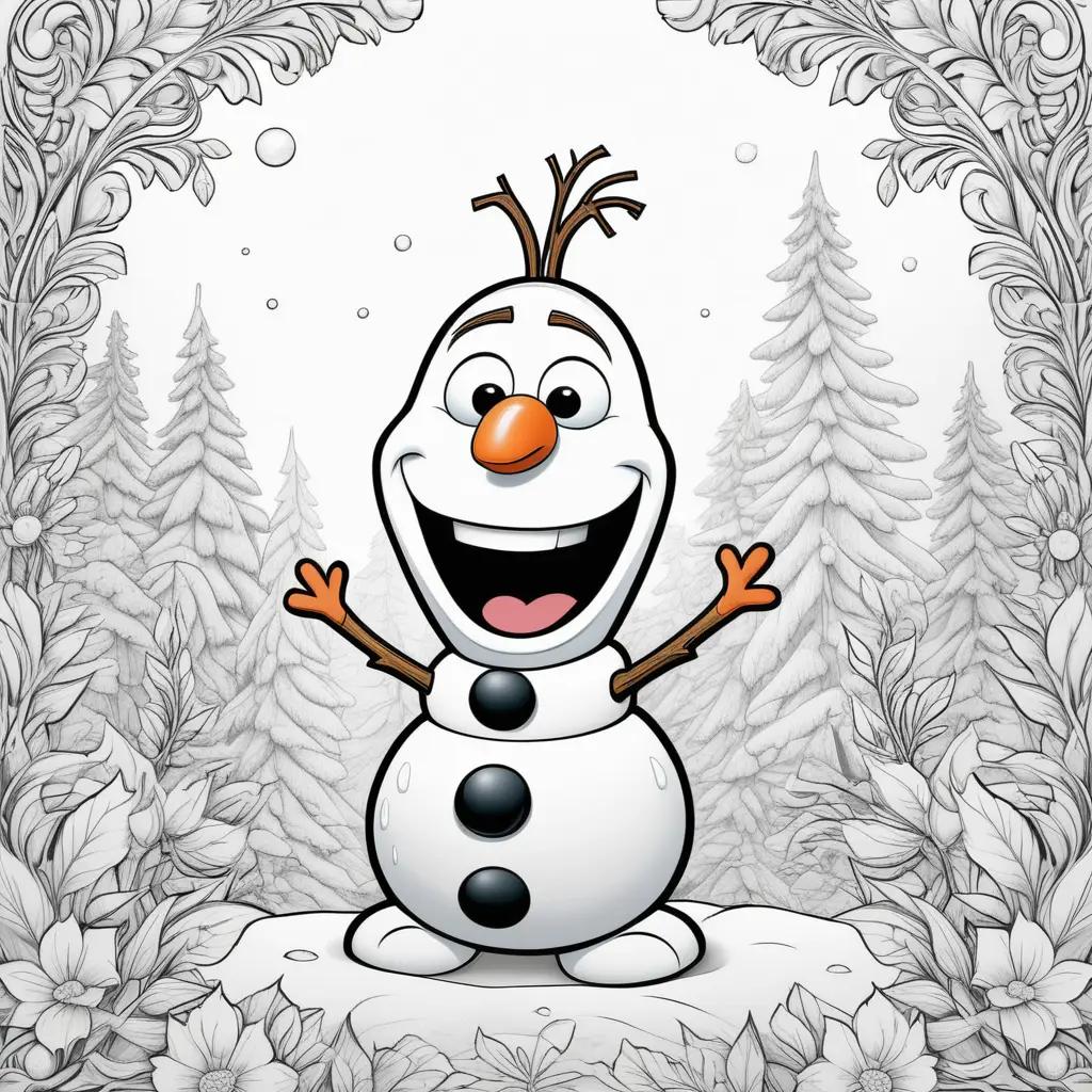 snowman coloring page featuring Olaf with flowers and leaves around