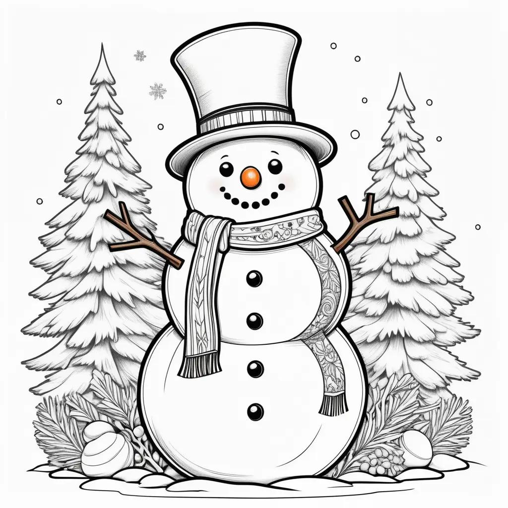 snowman coloring page featuring a hat, scarf, and a nose