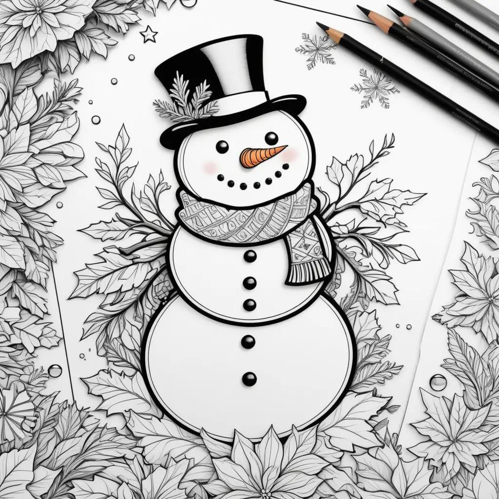 snowman coloring page with a black and white color scheme