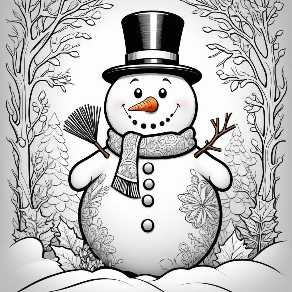 snowman coloring page with a hat, scarf, and broom