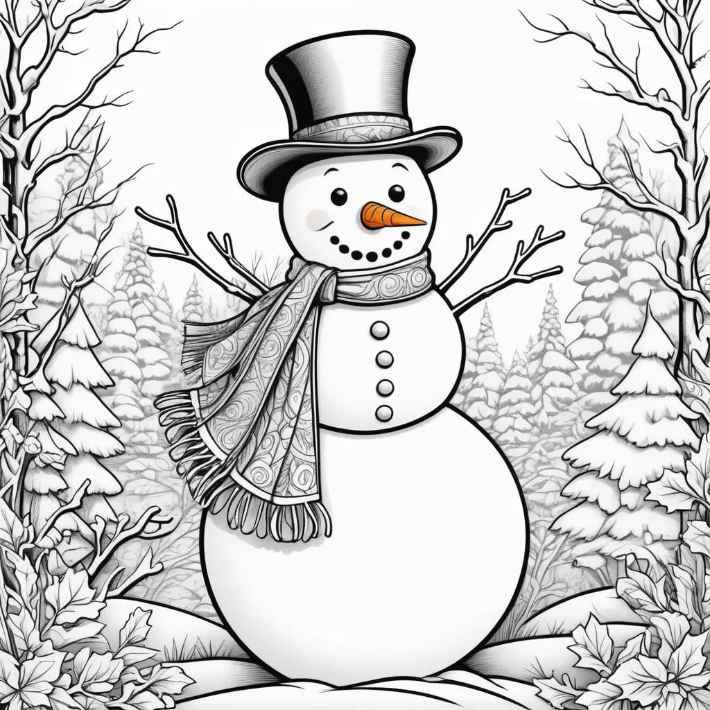 snowman coloring page with a hat and scarf