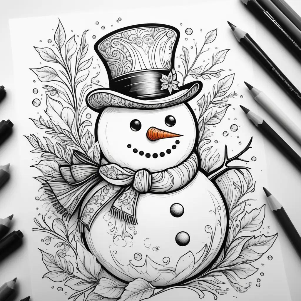 snowman coloring page with a hat and scarf