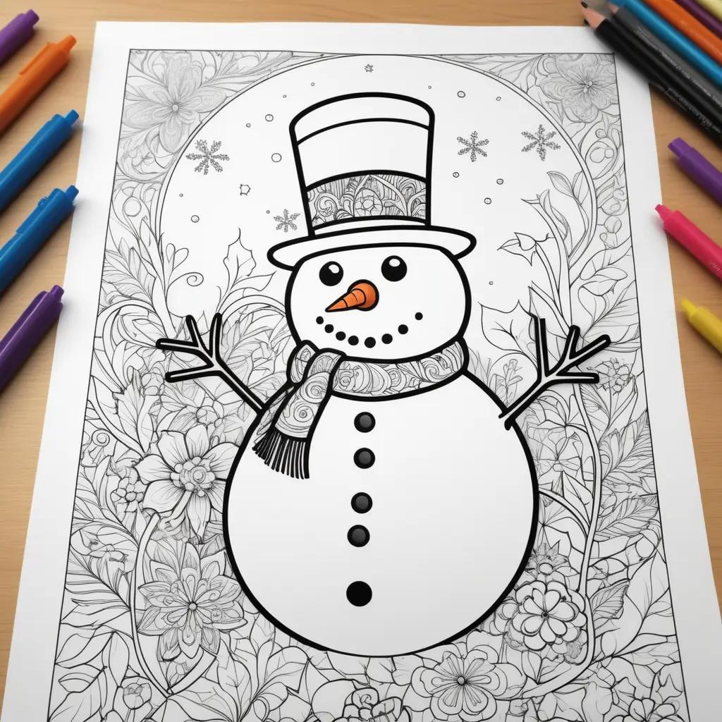 snowman coloring page with a hat and scarf