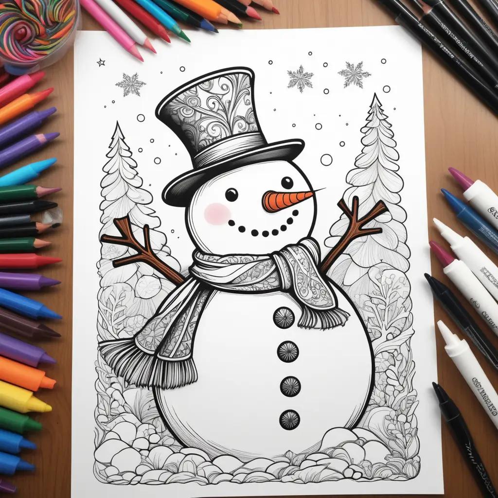 snowman coloring page with a scarf and top hat