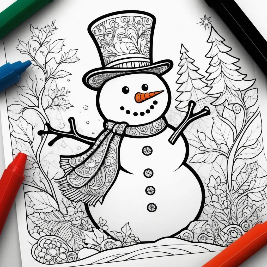 snowman coloring page with a top hat and scarf