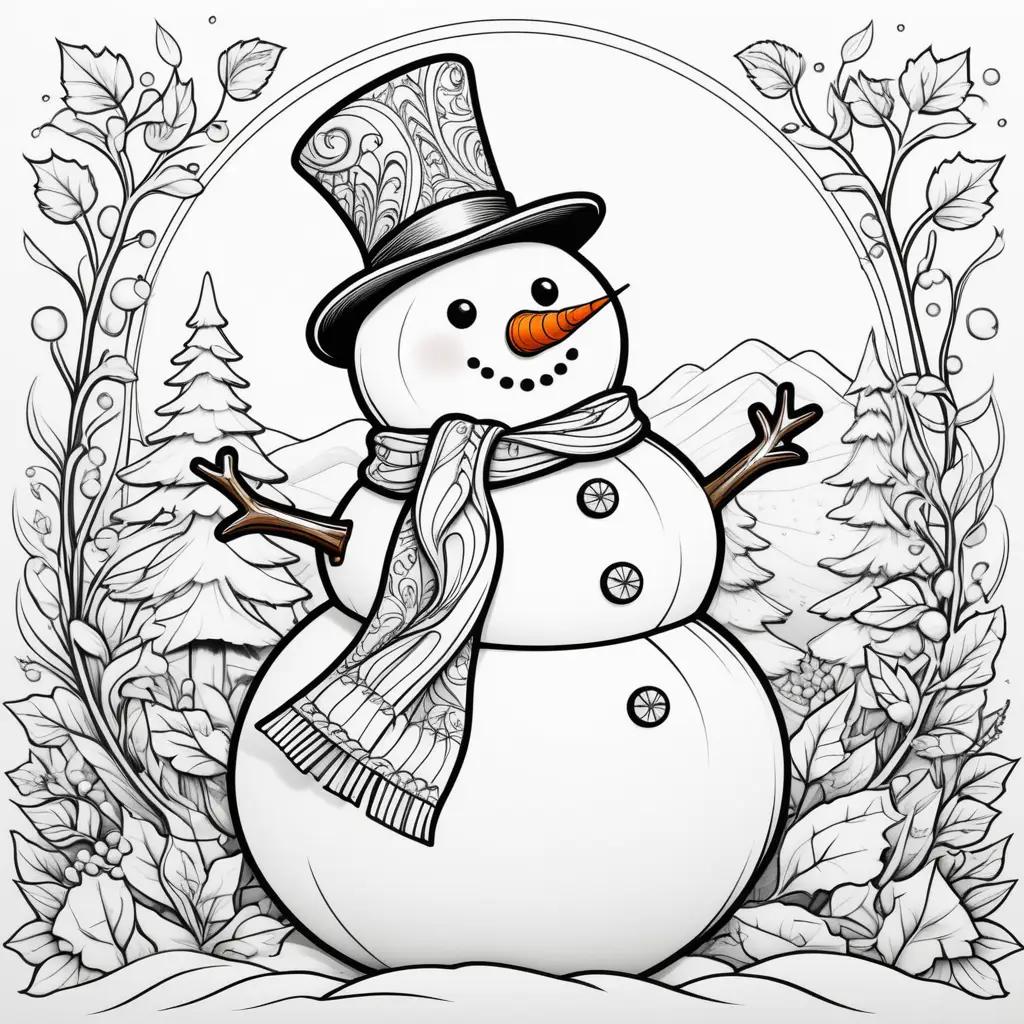 snowman coloring page with a top hat and scarf