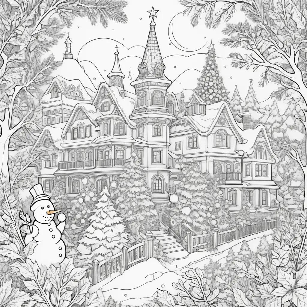 snowman stands in a winter scene, with Christmas trees and houses