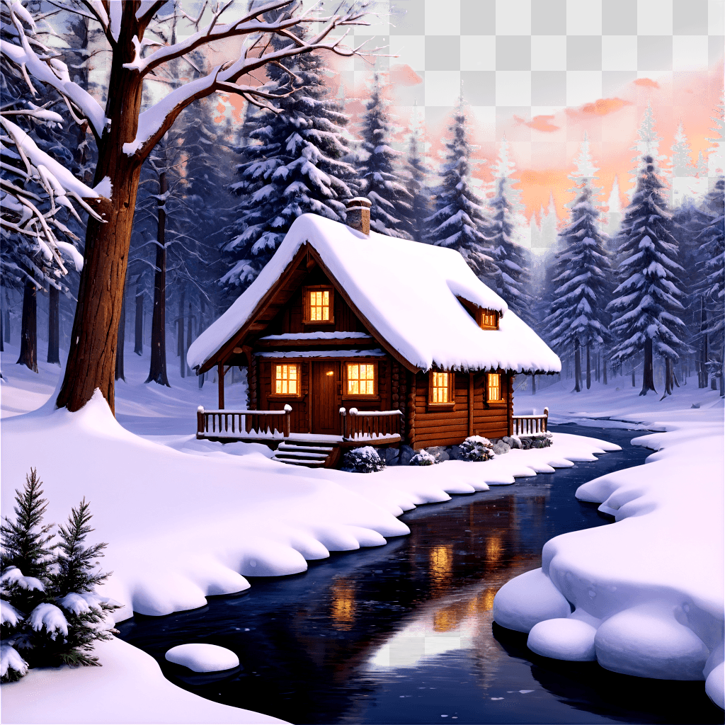 snowy christmas background A cozy cabin nestled in a snowy forest