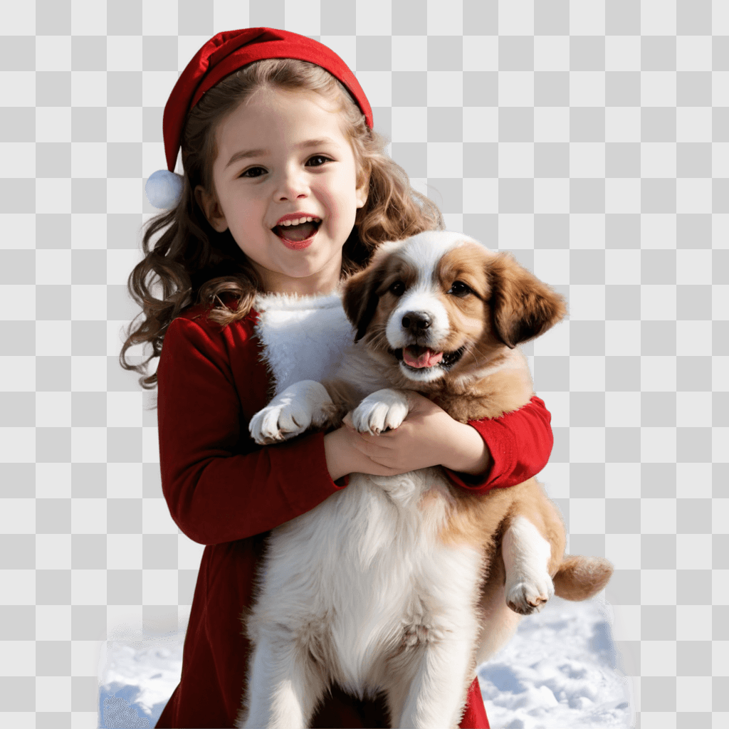 snowy christmas background A girl holds a dog in a snowy landscape