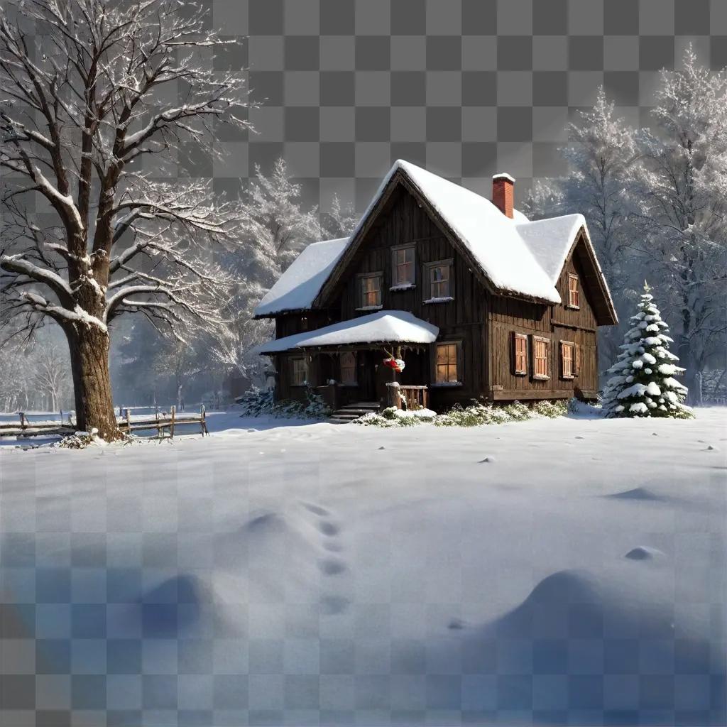 snowy christmas background A house in the snow with a tree and sky in the background