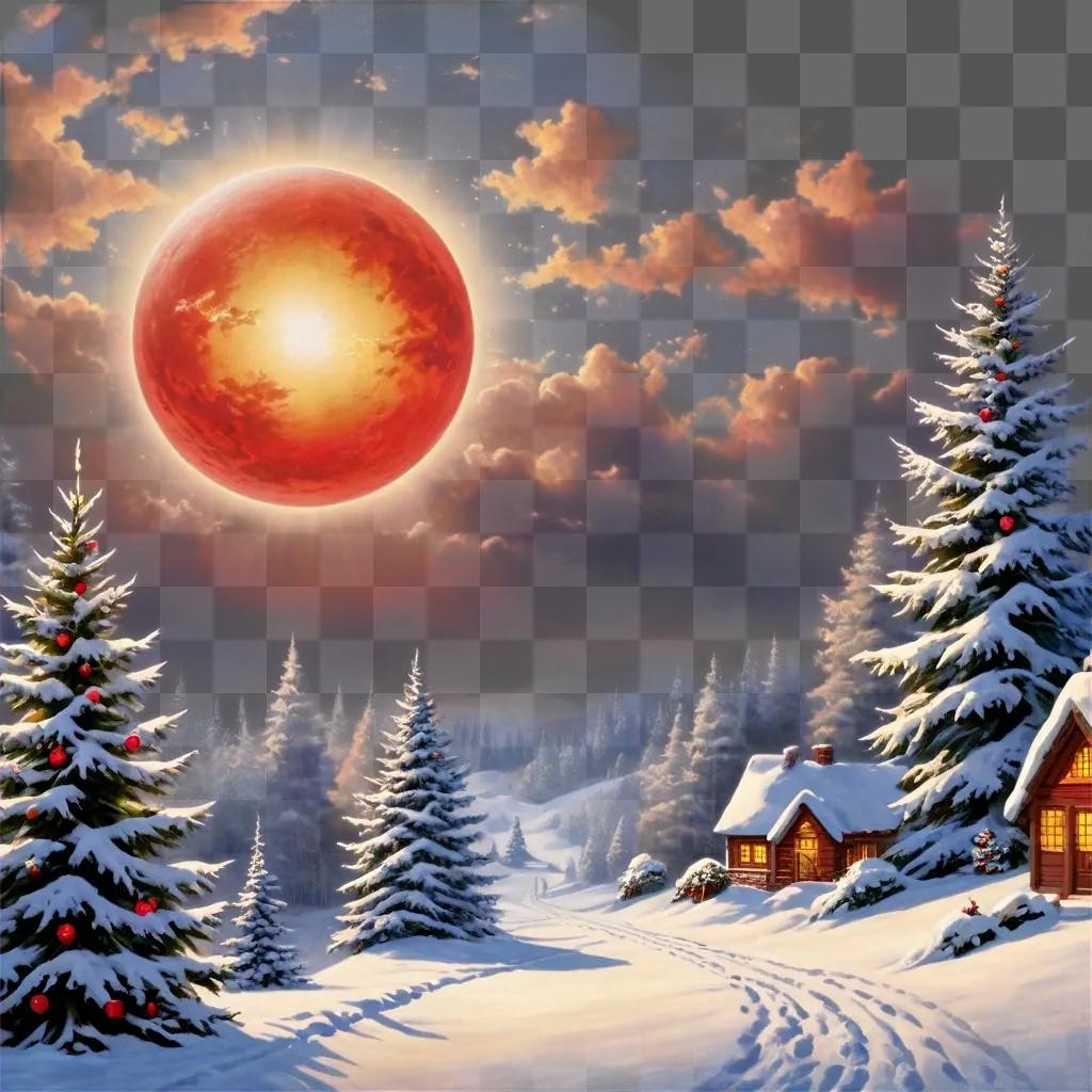 snowy christmas background A red sun rises over a snowy landscape with a Christmas tree