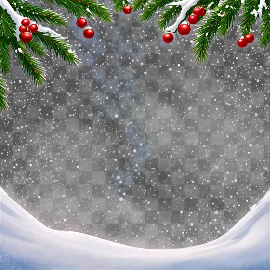 snowy christmas background A snowy landscape with red berries and pine branches