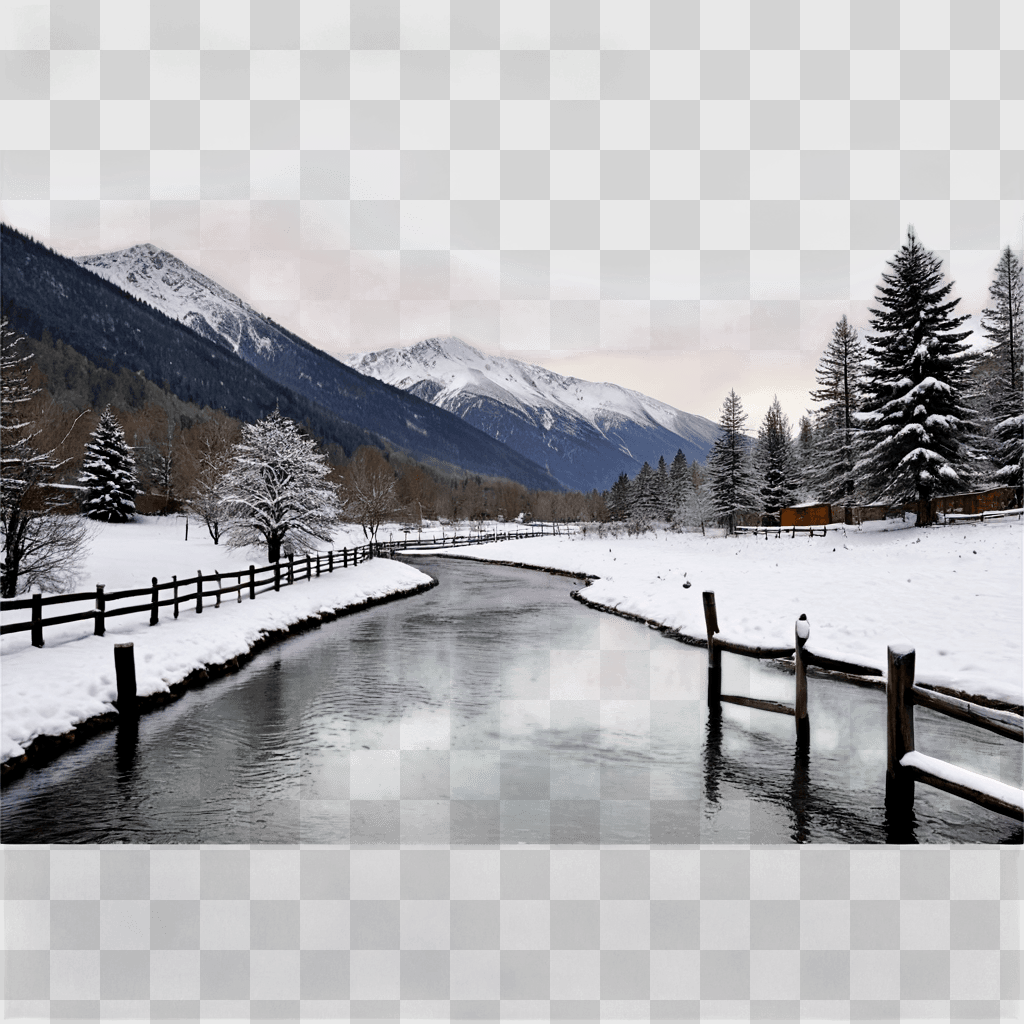 snowy christmas background A tranquil scene of snow-covered trees and a river