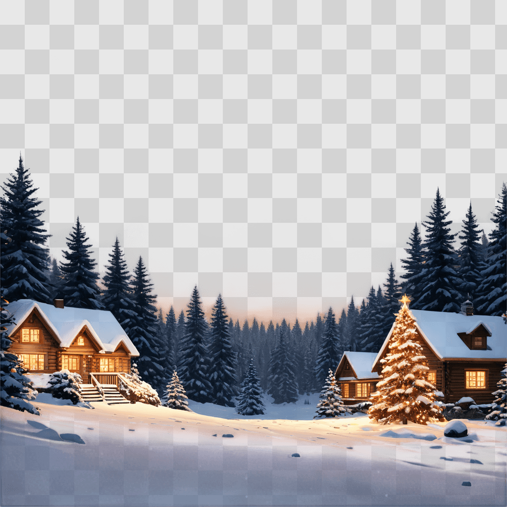 snowy christmas background Christmas lights on a log cabin in a forest