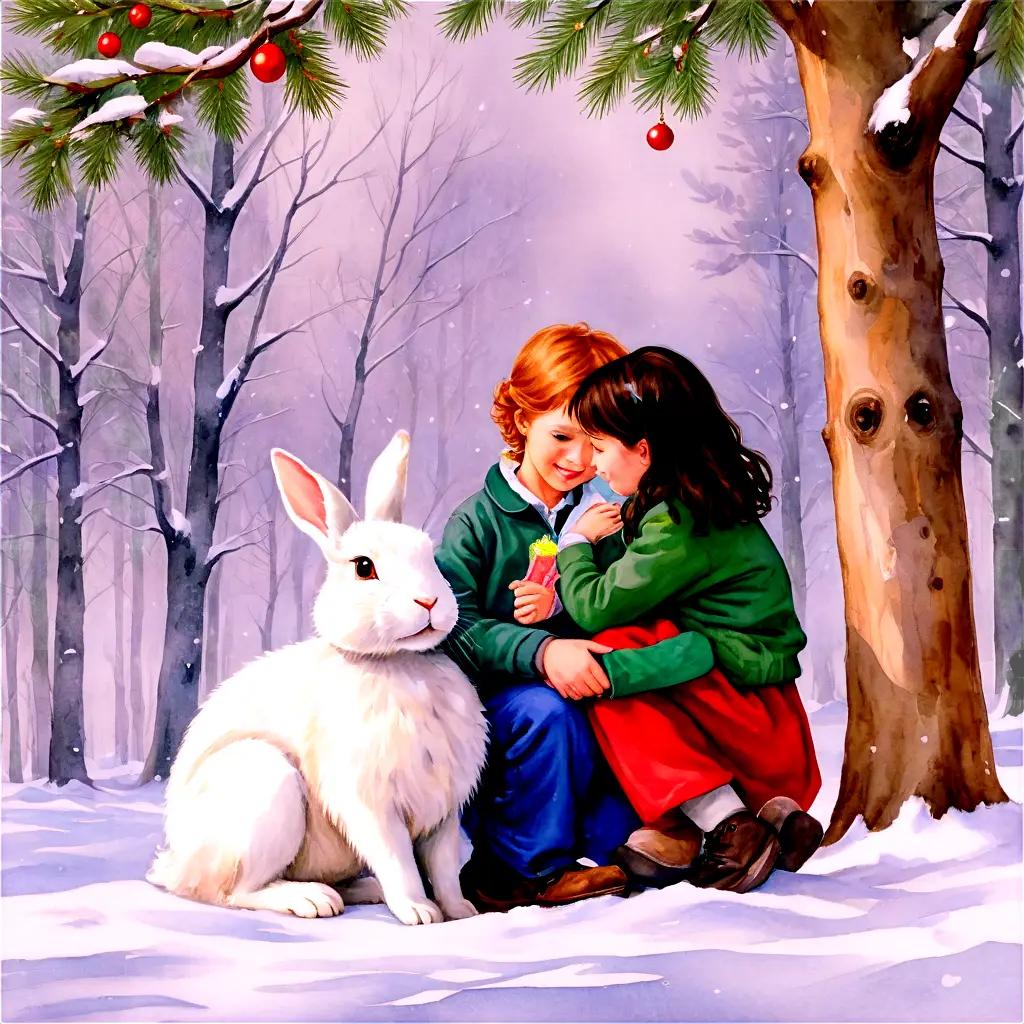 snowy christmas background Two children and a rabbit at a Christmas tree