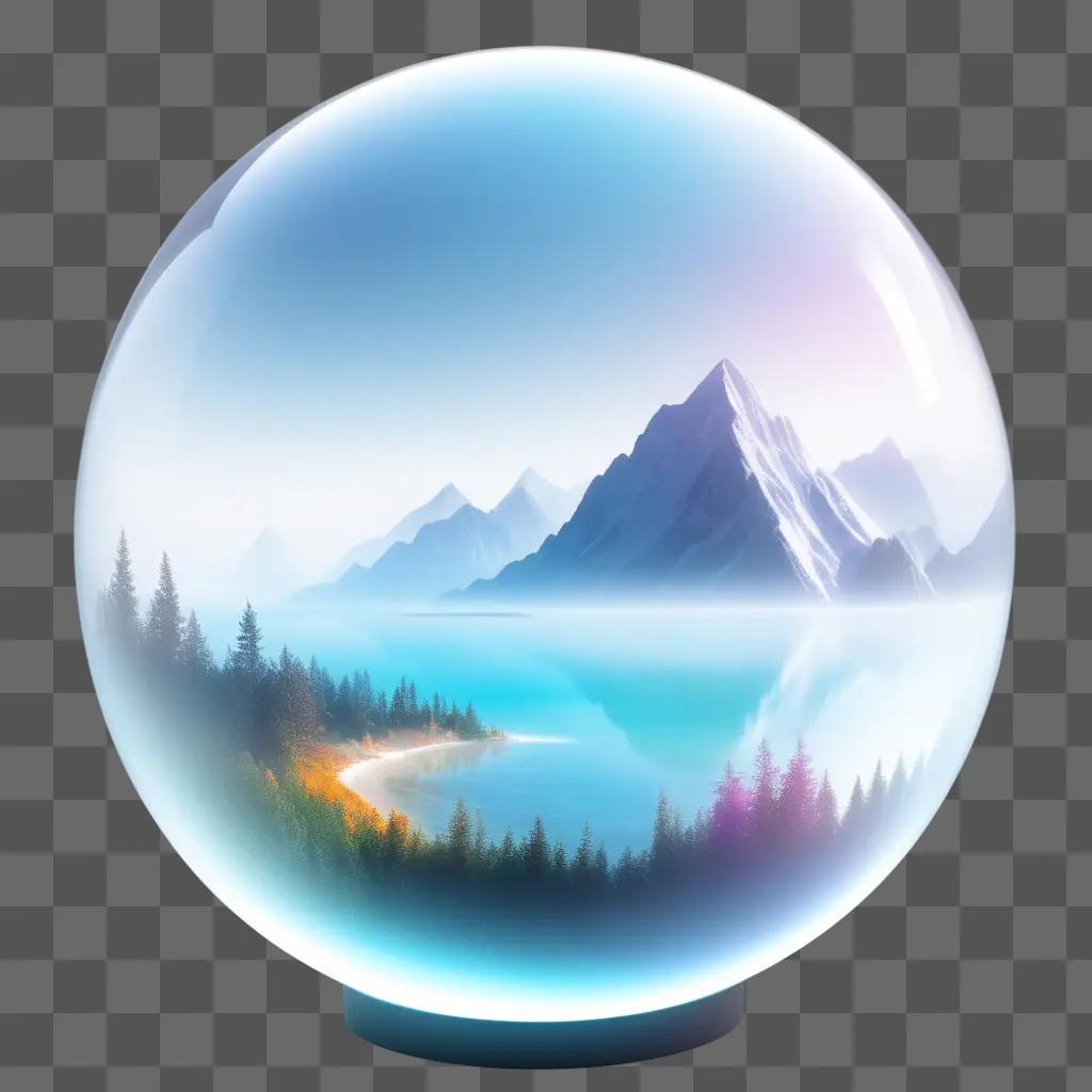 snowy mountain scene is inside an eye-transparent sphere