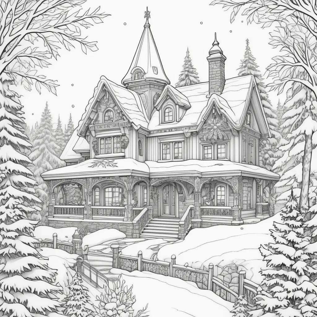 snowy winter holiday coloring page with a house and trees