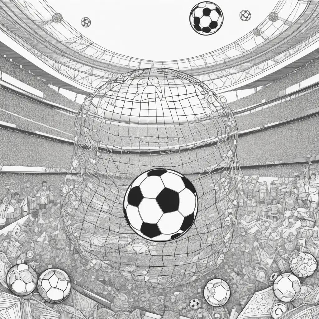 soccer coloring page with black and white figures and a white net