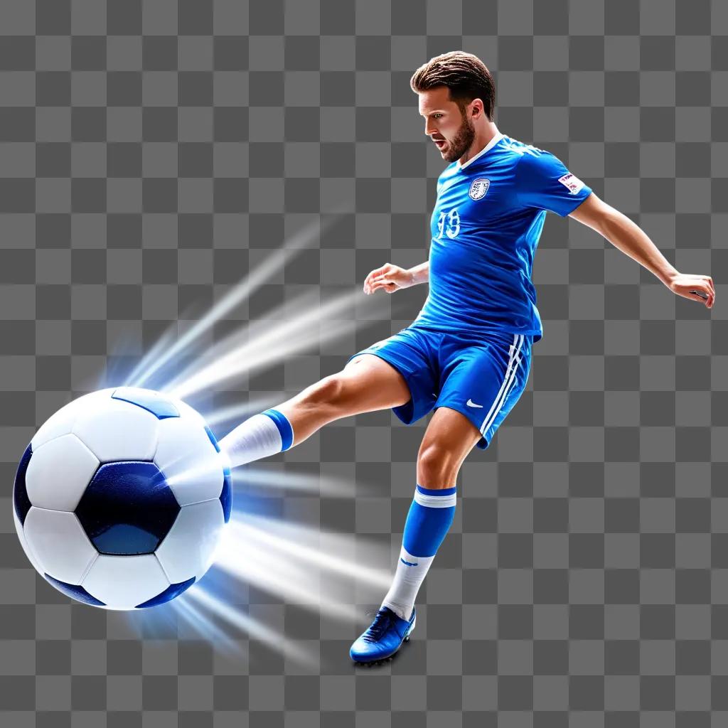 soccer player in a blue uniform kicks a ball