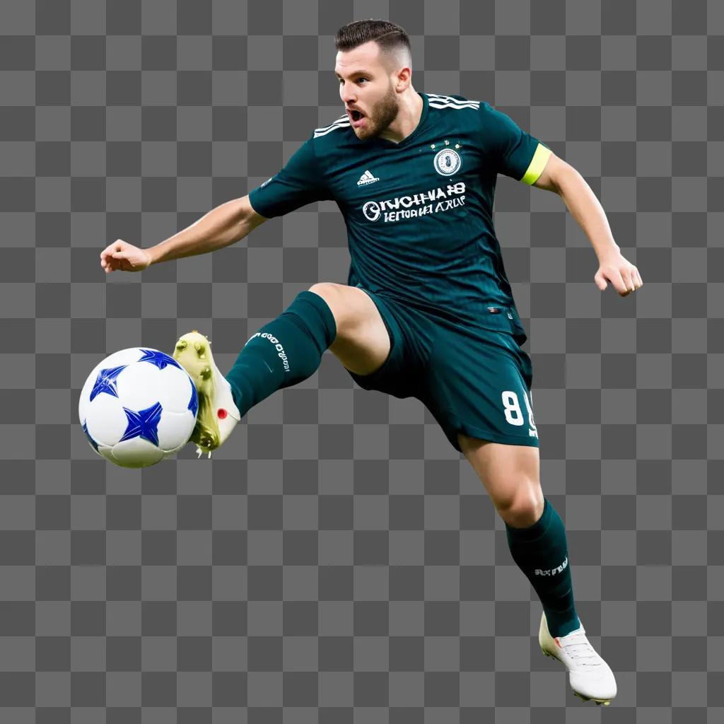 soccer player in a green uniform kicks a ball