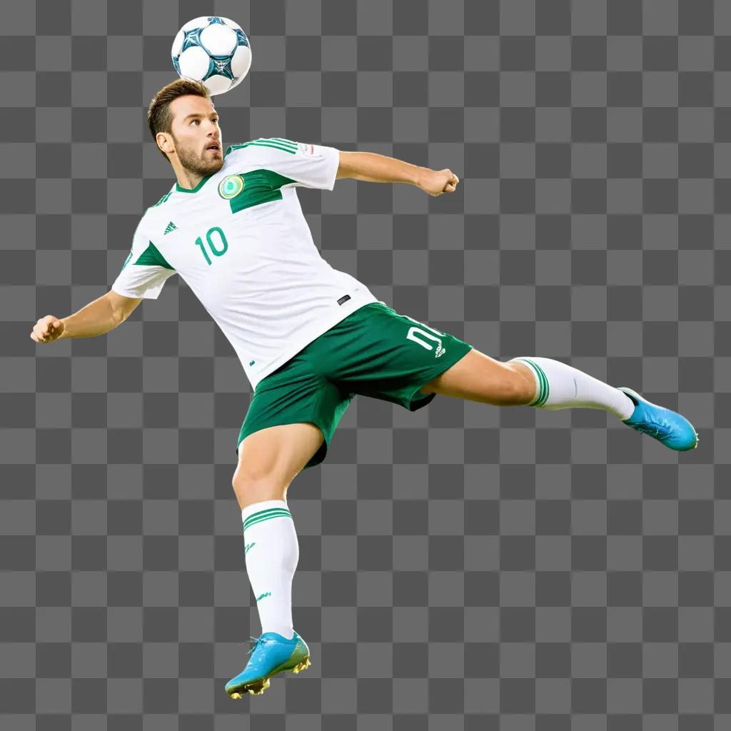 soccer player kicks a ball in a green and white uniform