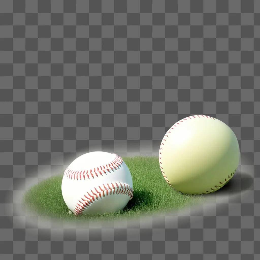 ソフトボールは緑のグラウンドにあり、近くには野球ボールが置かれています