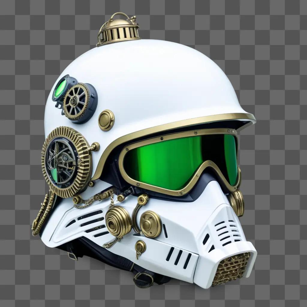 soldier helmet with a green visor and gears