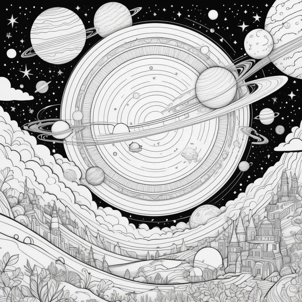 space coloring page features planets, stars, and galaxies