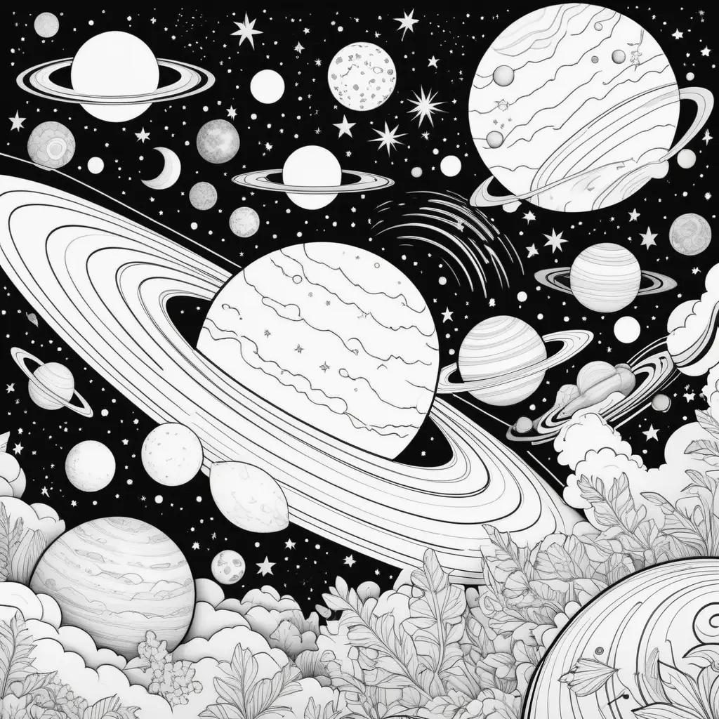 space coloring page with planets, stars, and galaxies