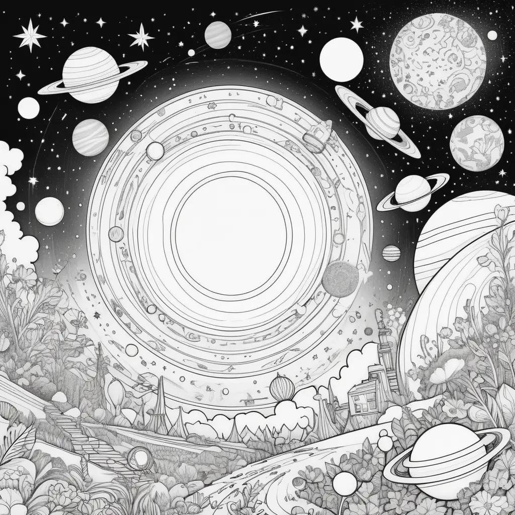 space coloring page with planets and stars