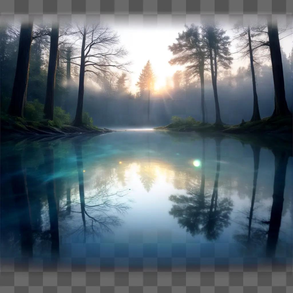 sparkly scene of trees and water with a transparent sky