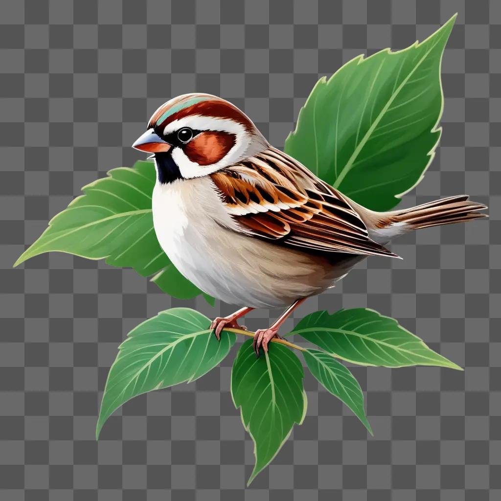 sparrow perches on a leafy branch