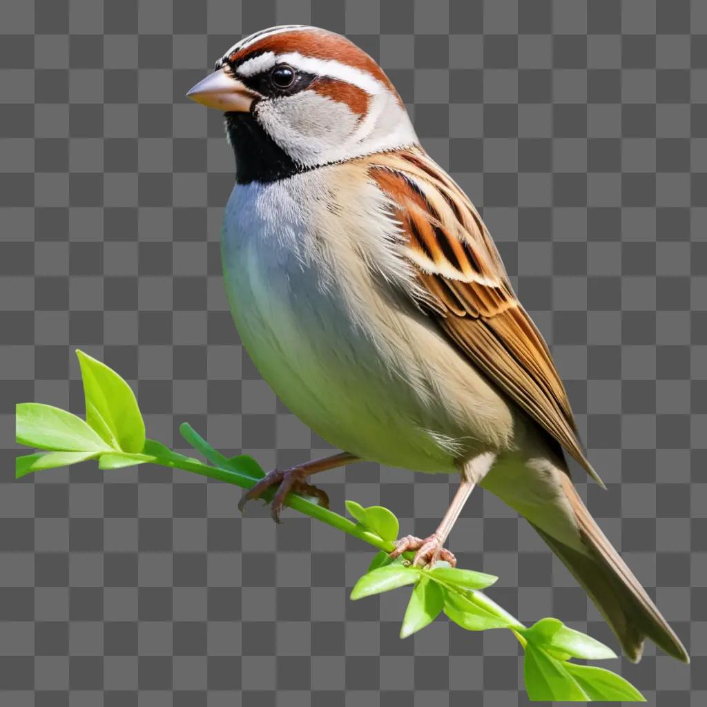 sparrow perches on a leafy branch