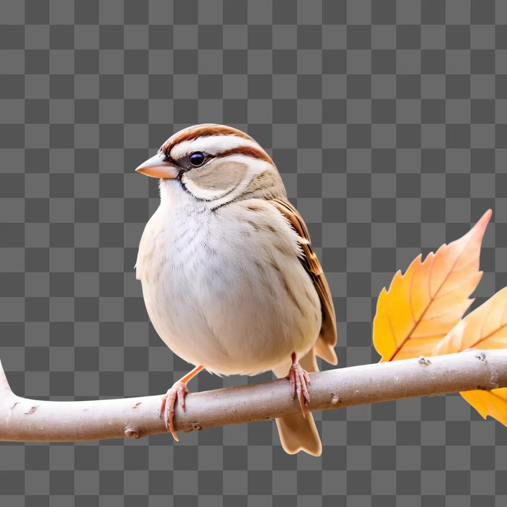 sparrow sits on a branch with a leaf