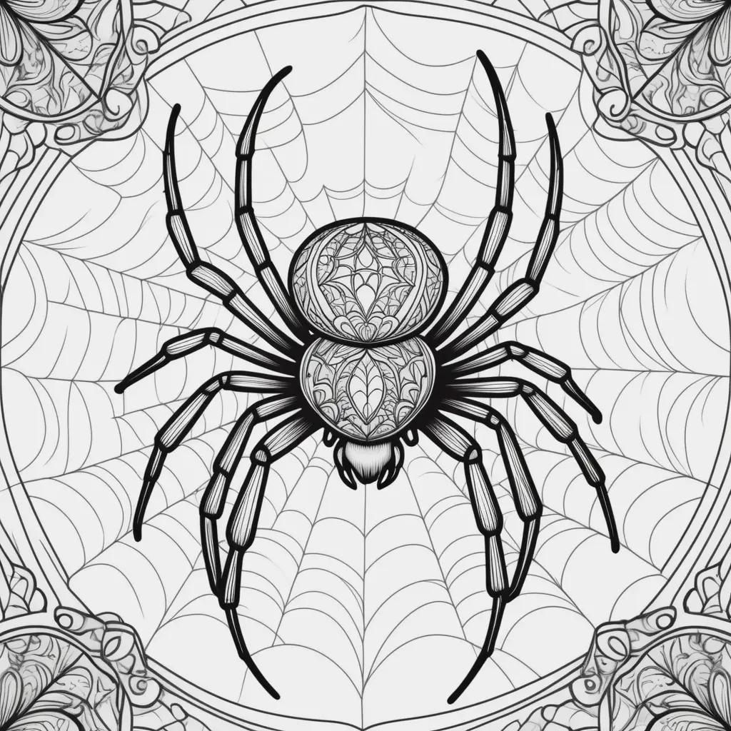 spider is the centerpiece of a black and white coloring page