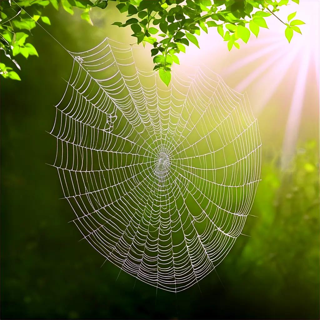 spiderweb hangs in the sunlight, with green leaves in the background