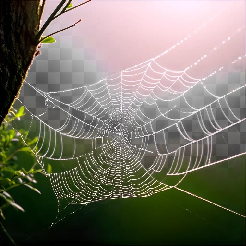 spiderweb in a sunlit garden with green leaves