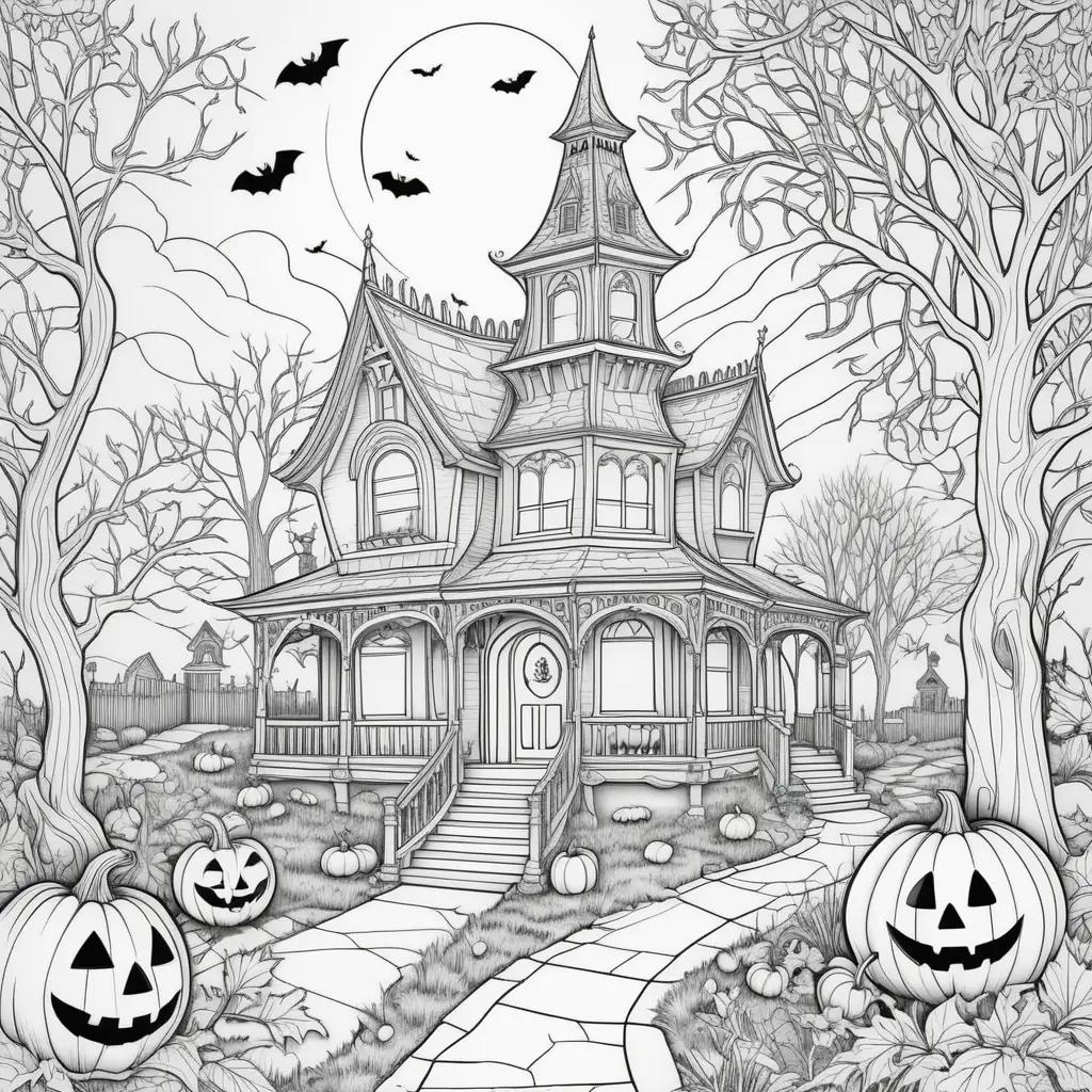 spooky Halloween coloring book page featuring a spooky house and pumpkins