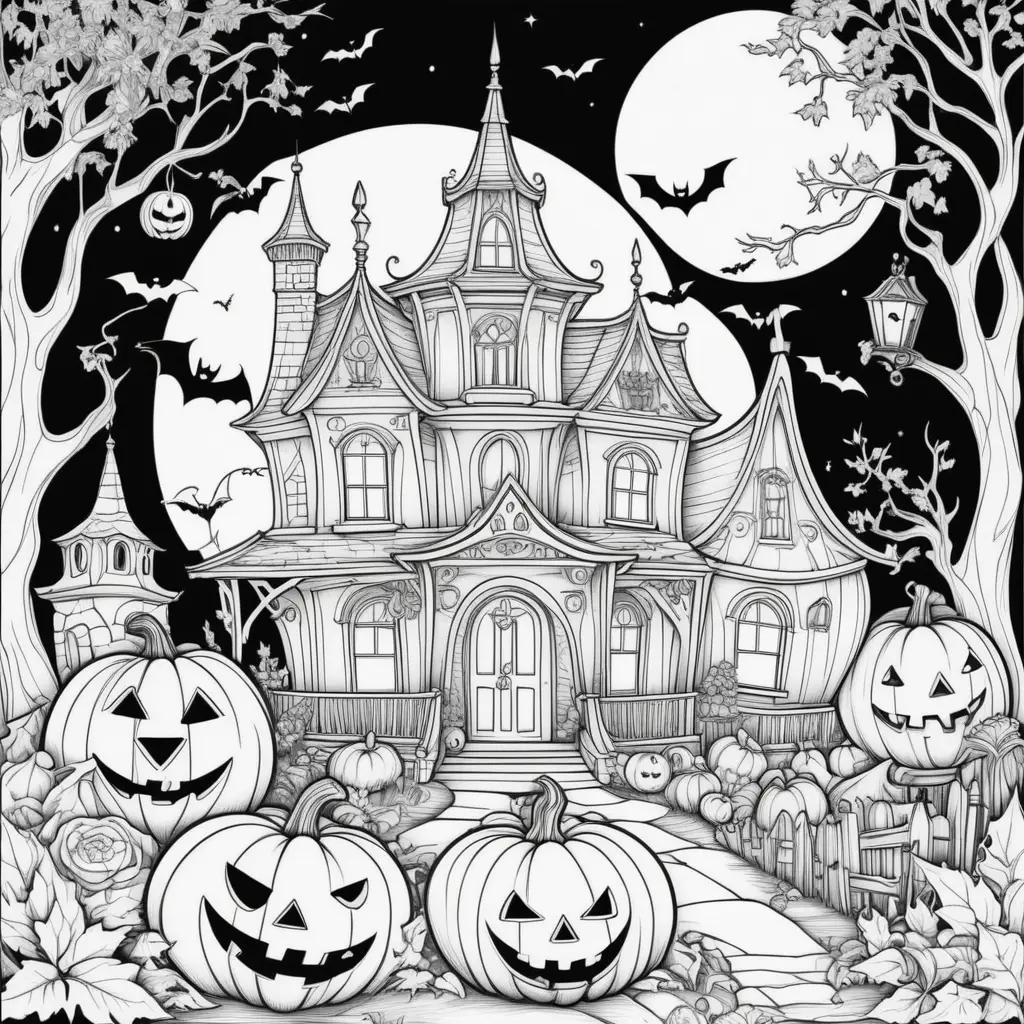 spooky Halloween coloring page features a castle, pumpkins, and bats