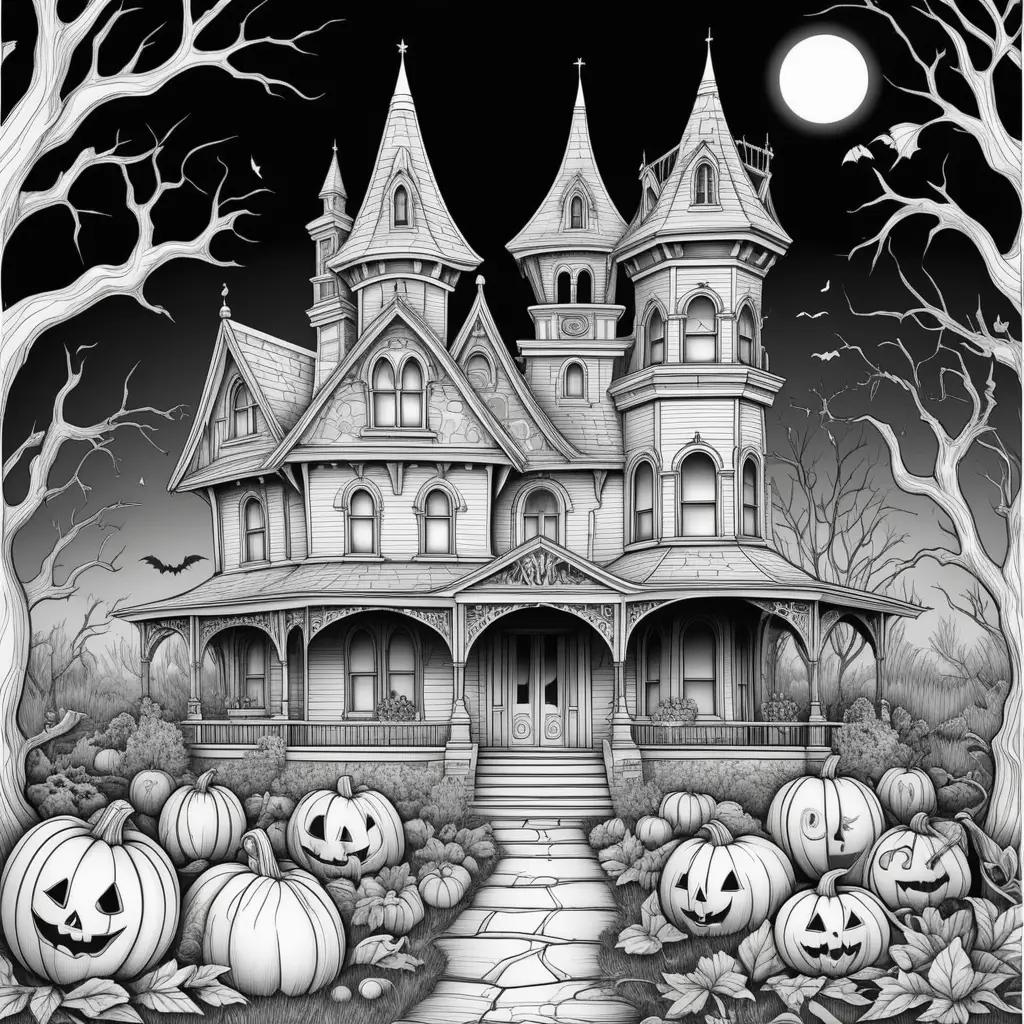 spooky Halloween coloring page features a castle with pumpkins