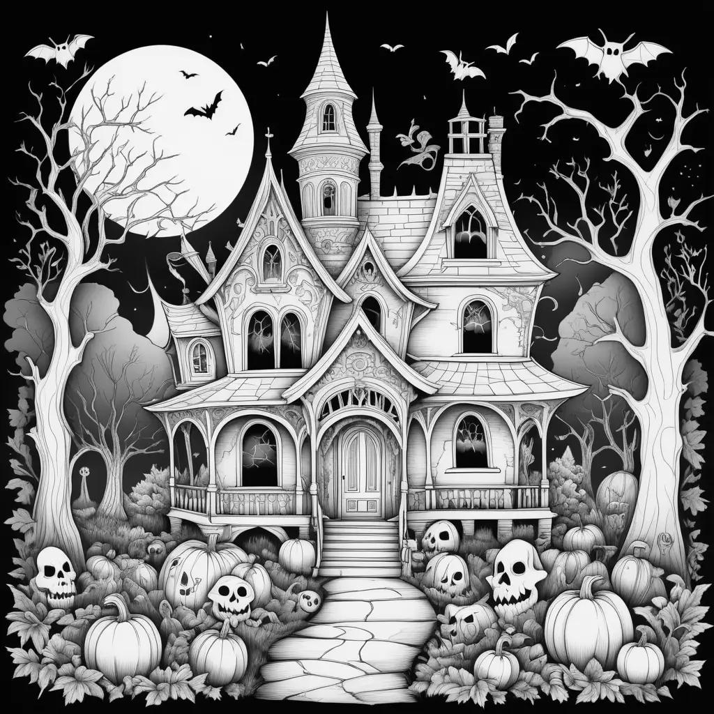 spooky Halloween coloring page featuring a house, bats, and pumpkins