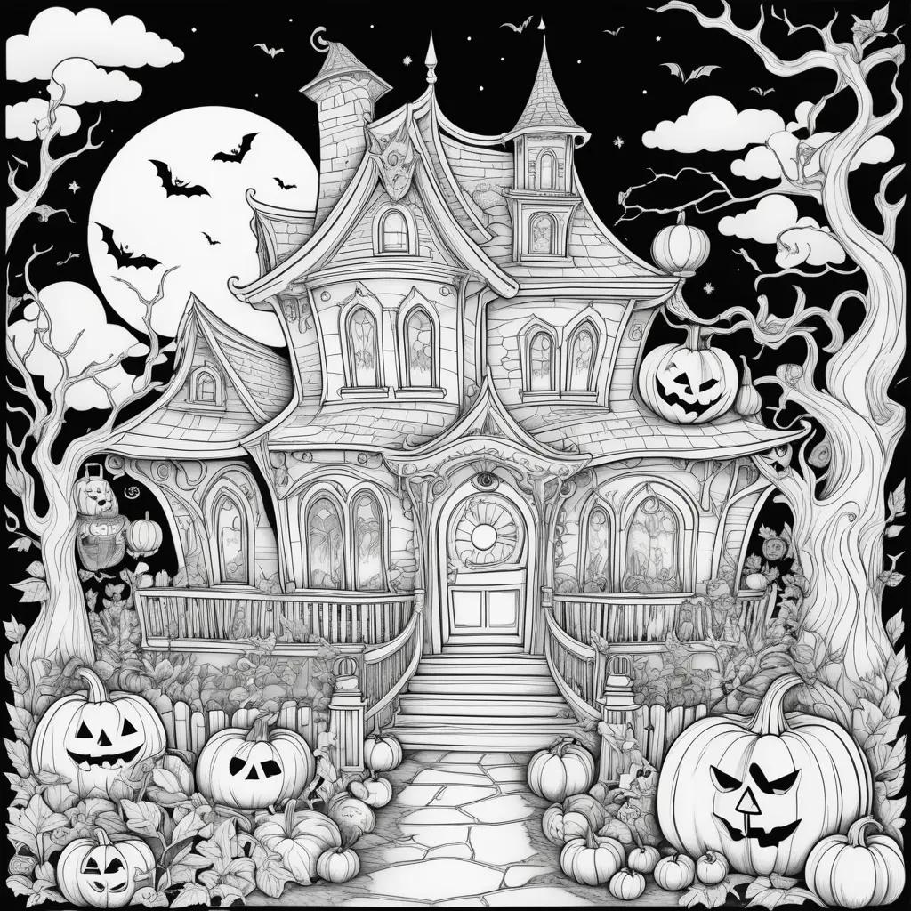 spooky Halloween coloring page with a house and pumpkins