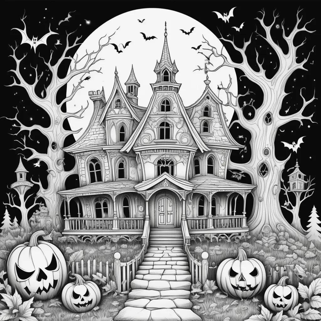 spooky Halloween coloring page with a large house and pumpkins