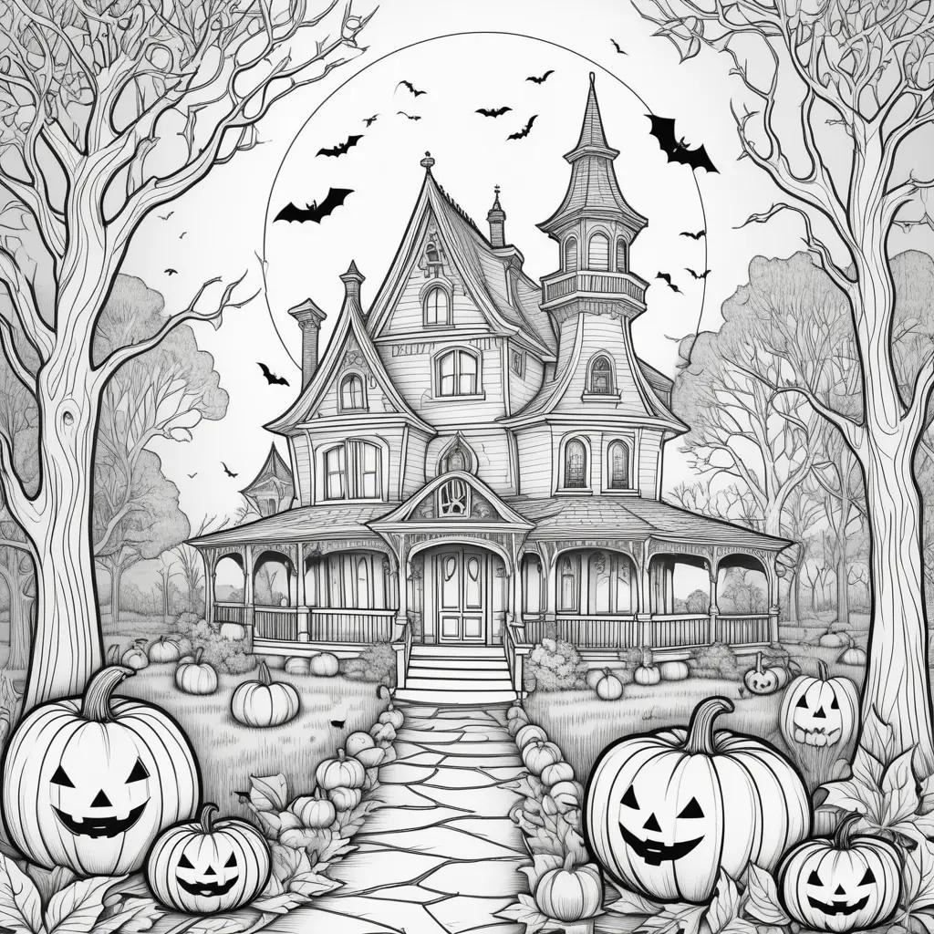 spooky Halloween coloring page with pumpkins and bats